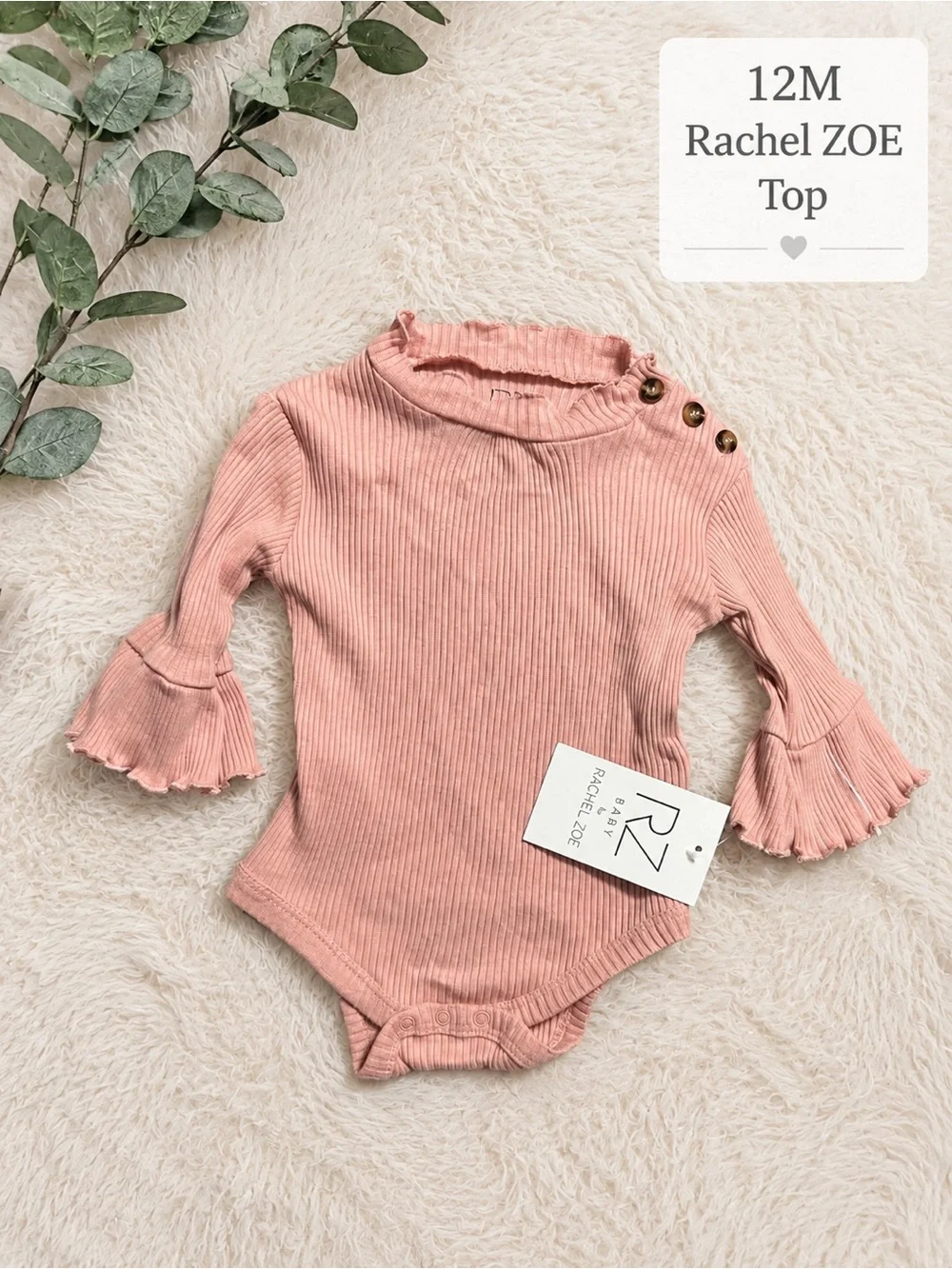 RZ Baby Pink Ribbed Bell-Sleeve Bodysuit with Buttons top 12 months